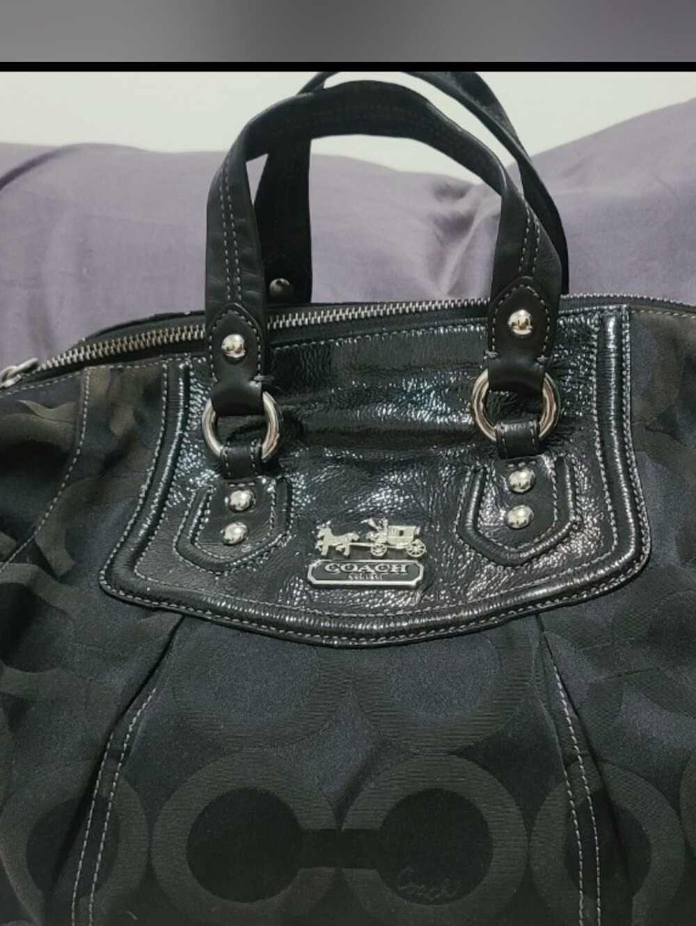 Coach Black Poppy Signature Satin Satchel with Patent Trim